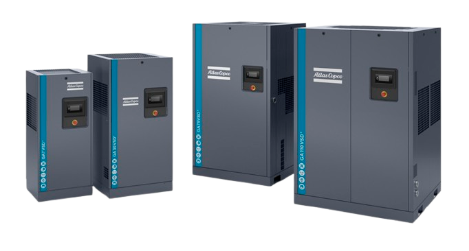 Atlas Copco GA VSD+ Series Industrial Air Compressor Range Atlas Copco GA VSD+ Series variable speed drive compressors ranging from 7.5 kW to 110 kW. Energy-efficient industrial air compressors for textile, food & beverage, and manufacturing in Bandung, Indonesia.