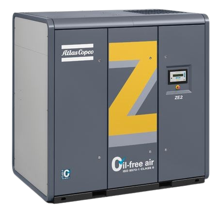 Atlas Copco ZE2 oil-free low pressure screw compressor with ISO 8573-1 Class 0 certification for wastewater treatment, pneumatic conveying, and process air applications