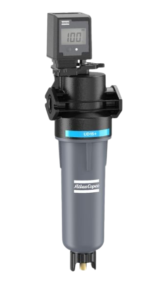 Atlas Copco UD15+ - Particle filter with digital pressure drop indicator for optimal filtration monitoring Atlas Copco UD15+ particle air filter with digital pressure drop indicator display for compressed air filtration in industrial applications